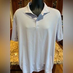 Peter Millar men’s crown crest golf polo. Sharp white w/blue stripe & collar.‎